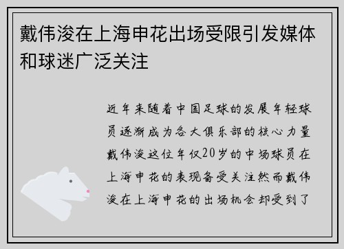 戴伟浚在上海申花出场受限引发媒体和球迷广泛关注 戴伟浚在上海申花出场受限引发媒体和球迷广泛关注